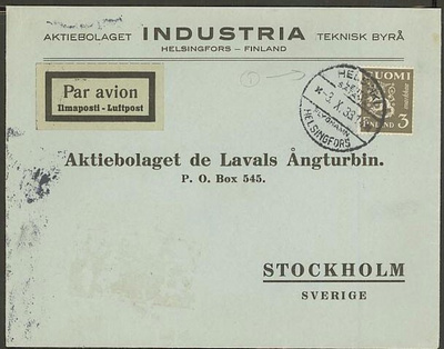 M30 1930 3mk oliivi lentokirje Ruotsiin -33