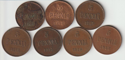 5 penniä 1906-1917, 7 eri vuotta