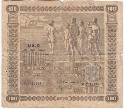100 Markkaa 1939 Litt.D B-sarjaa, vl.I, kl.3