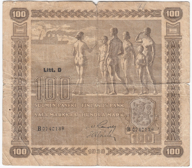 100 Markkaa 1939 Litt.D B-sarjaa, vl.I, kl.3
