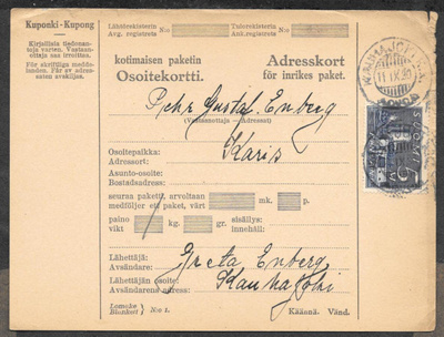 Pakettikortti - Yl.m. 5 mk (LAPE 155) Kauhajoki k.k. 11.9.30