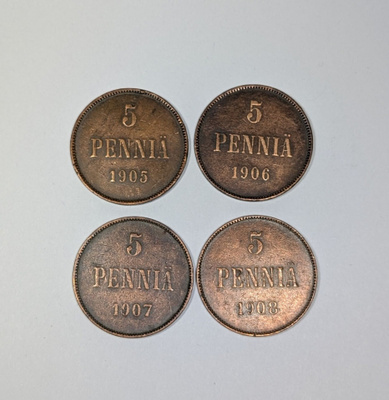 5penniä 1905,06,07,08