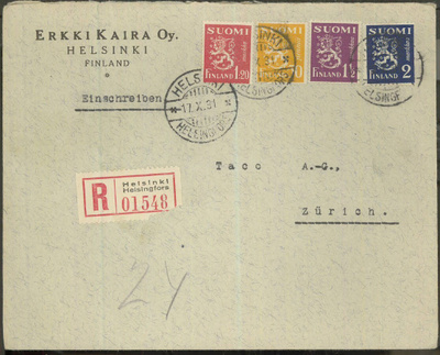 M30 1931 jälkitaksoitettu kirjattu kirje Sveitsiin