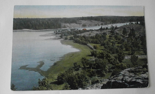Åland, Lemland, saaristoa ja purjelaiva, vanha väripk, 1912