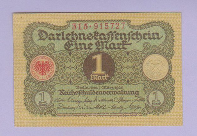 Saksa 1 Mark Darlehnskassenschein v.1920 AUNC P-58