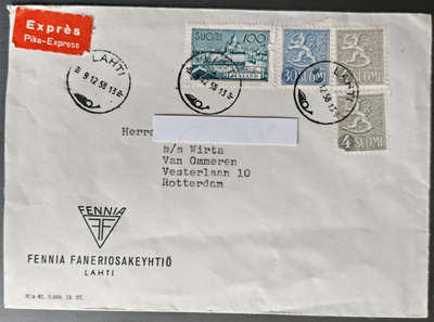 Käyttösarjan expres-kirje Hollantiin 1958
