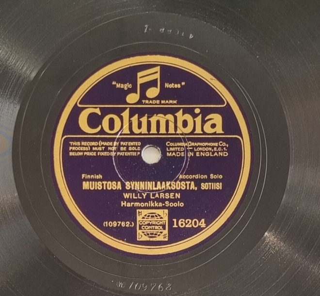 Savikiekko 1928 - Willy Larsen - Columbia 16204