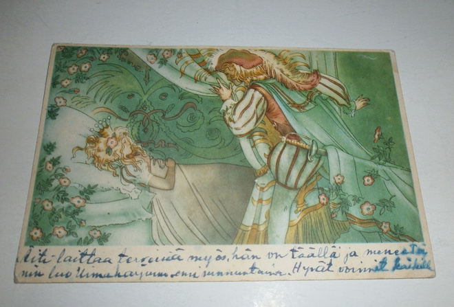 Prinsessa Ruusunen -satukortti, vanha väripk, p. 1950