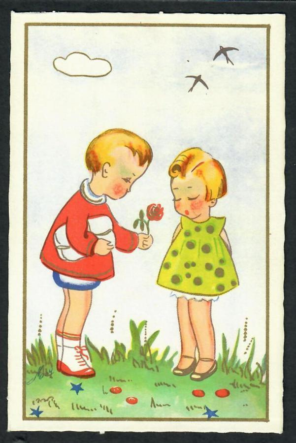 Lapsi - Poika antaa kukan tytölle - Kortti 1940-50-luvulta