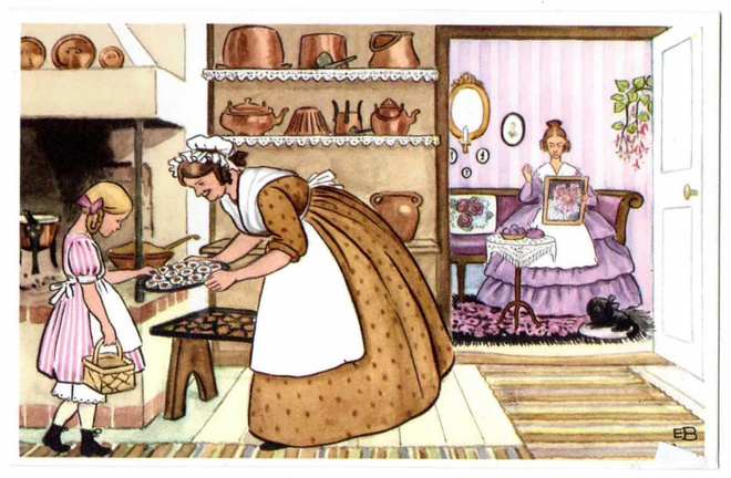 Elsa Beskow / Täti Ruskea paistaa piparkakkuja, Lotta.