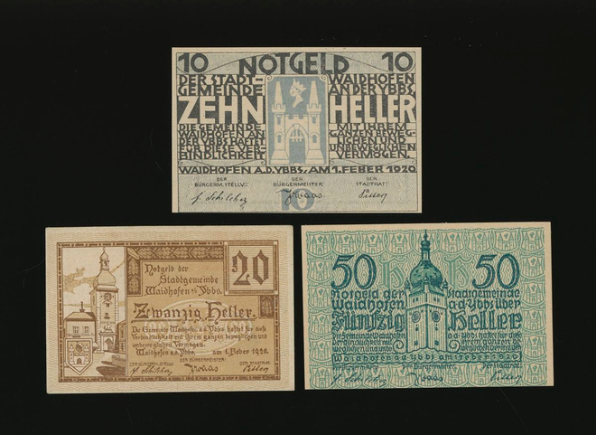 Itävalta Notgeld 10, 20, 50 Heller, Waidhofen 1920