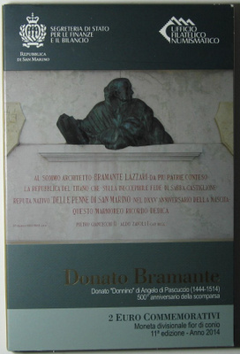2014 San Marino 2€ juhlakolikko Donato Bramante kansiossa
