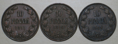 SUOMI 10 penniä 3 kpl 1909 1910 1911