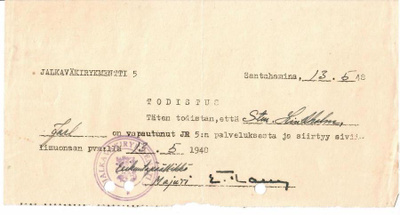 JALKAVÄKIRYKMENTTI 5 TODISTUS