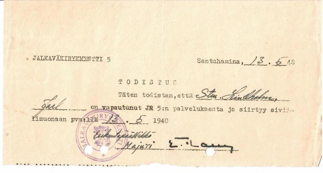 JALKAVÄKIRYKMENTTI 5 TODISTUS