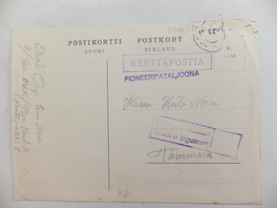 VANHA Kortti Kenttäposti Pioneeripataljoona Leima 12.II.1940