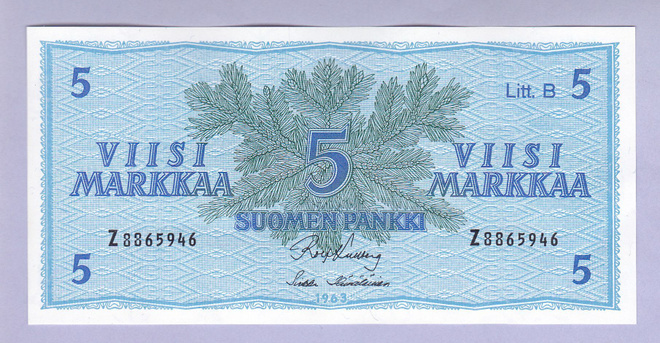 5 mk v.1963 Litt. B UNC P-106Aa (Kulberg-Hämäläinen)