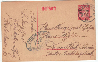 Baijeri 1919 10 pfg ehökortti Sveitsiin - sensuuri