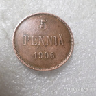 5 penniä 1906 Siistikuntoinen hieman patinoituut,- - pikkukuva 3