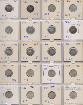 1874-1917 50 penniä hopearahoja 20kpl kl3-kl9