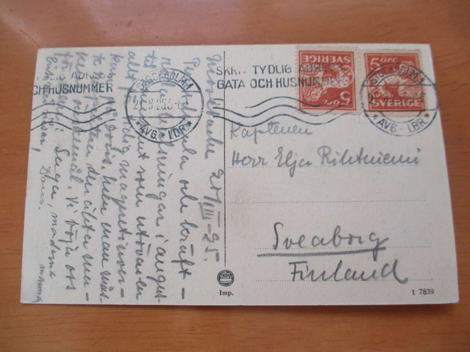 1925 Ruotsi kortti kapteenille Suomenlinnaan