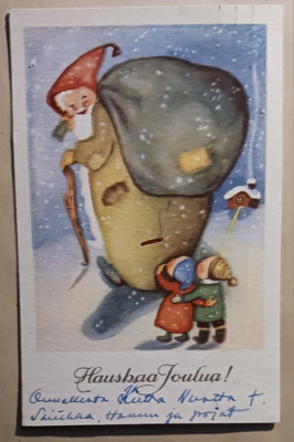 Lapset, suuri Joulupukki ja iso lahjasäkki, p. 1945, Tubi-jm