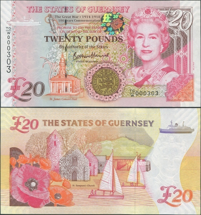 Guernsey 20 Pounds 2018 UNC, P-New, QEII, The Great War comm