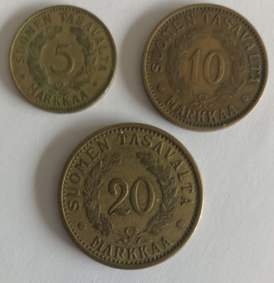 5, 10 & 20 markkaa 1930-luvulta, 2 kuvaa
