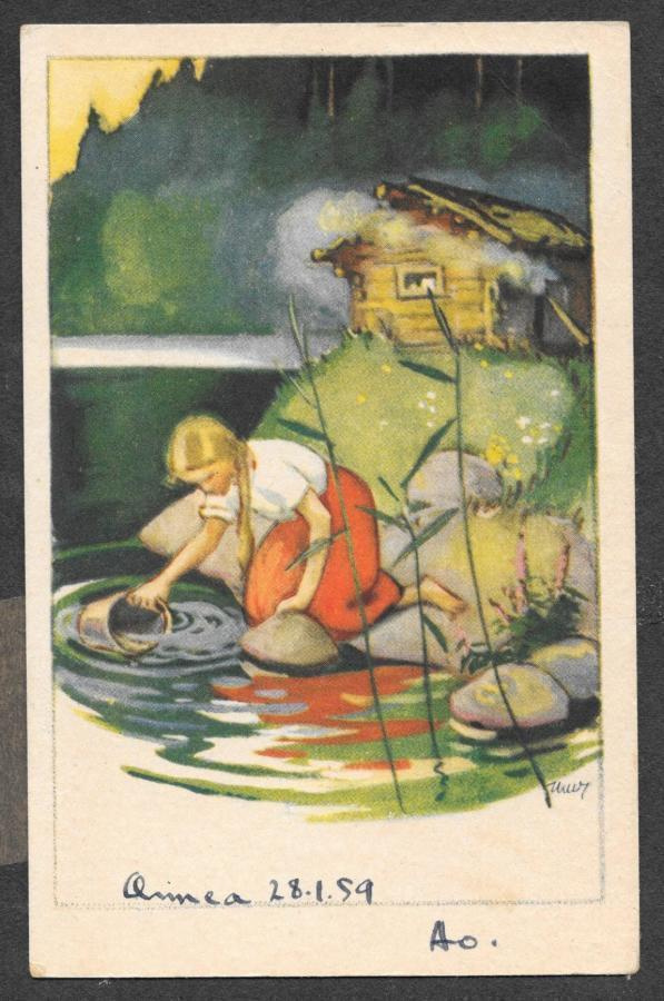 Wendelin - tyttö ottaa vettä järvestä ämpärillä