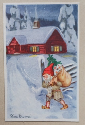 Stina Broome: Tonttu kantaa säkissä lahjoja taloon,p. 1944