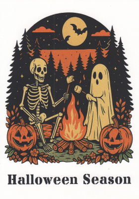 Halloween luuranko ja kummitus nuotiolla