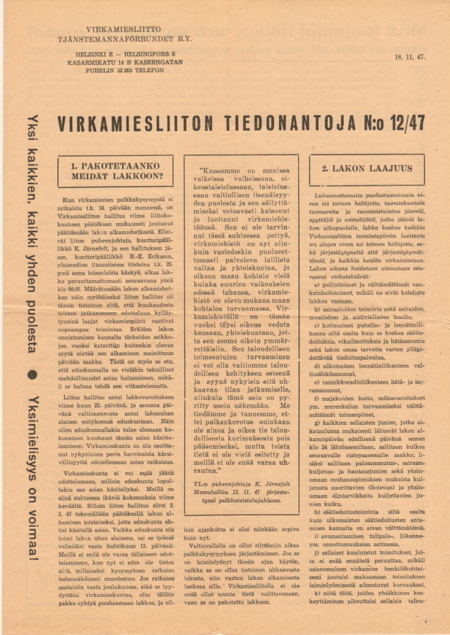 Virkamiesliiton lakkovaroitus 1947