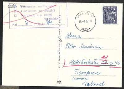 Postilähetys - Norja-Suomi -lisäleima - Tampere 26.7.1977
