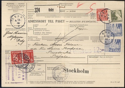 1946 6mk punainen pari ruotsalaisen paketin tullaus