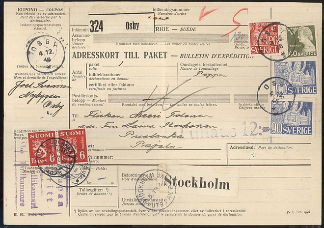 1946 6mk punainen pari ruotsalaisen paketin tullaus