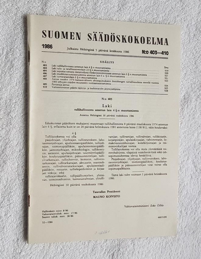 Suomen säädöskokoelma 1986 n. 403-410