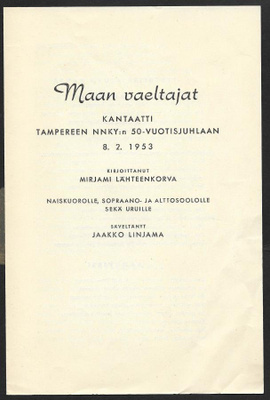 M. Lähteenkorva kantaatti Tampereen NMKY:n 50v juhlaan 1953