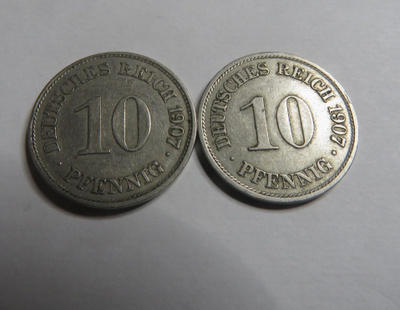 Saksa/Empire 10 pfennig 1907 A ja E