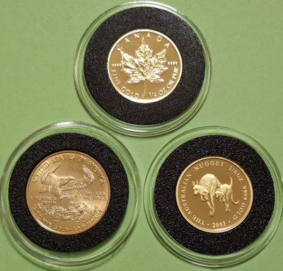 3 x 1/4 oz kulta rahaa: USA Eagle + Maple Leaf + Kangaroo