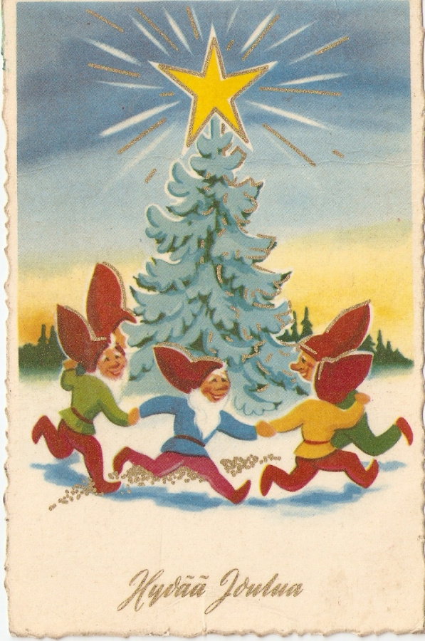 Tonttujen piirileikki kuusen ympärillä. Kulk.-80