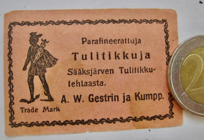 VANHA Tulitikku Etiketti Gestrin Sääksjärvi 1900-l