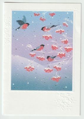Jaana Aalto : Punatulkut pihlajassa ( 13,5x19,5 cm )(R)