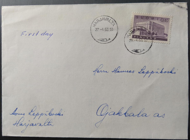 M/1963 Eduskuntalo -merkki kirjeellä, kulk. 22.4.1963