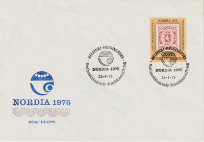 1975 NORDIA-postimerkkinäyttelyn merkki** ja FDC-kirje