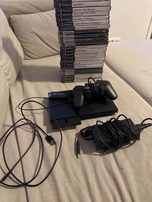 PS2 Slim (iso setti – konsoli + ohjain + HDMI + 20+ peliä)
