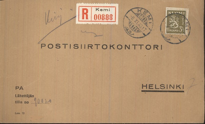 M30 1942 3,5mk oliivi vapaakirjeen kirjausmaksuna