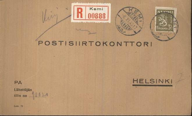 M30 1942 3,5mk oliivi vapaakirjeen kirjausmaksuna