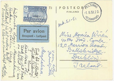 1950 Helsinki 15mk lentokortti Irlantiin