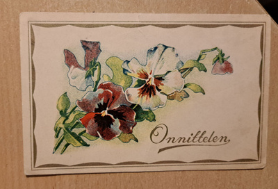 vanha kukkakortti: orvokit, kulkenut 1938, soikea leima