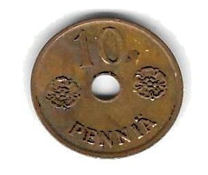1943 10 PENNIÄ KOLIKKO KÄYTETTY REIKÄ KESKELLÄ